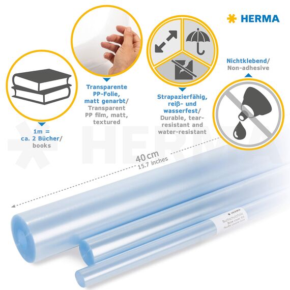 HERMA 7389 Buchschutzfolie nicht klebend transparent, 50 m x 40 cm, reiß- & wasserfest Bucheinschlagfolie, matt genarbte Buchfolie aus robuster Polypropylen-Folie für dauerhaftes Einbinden