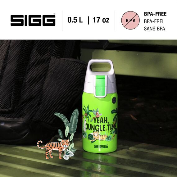 SIGG Shield One Jungle Kinder Trinkflasche (0.5 L), Edelstahl Kinderflasche mit auslaufsicherem Deckel, einhändig bedienbare Wasserflasche