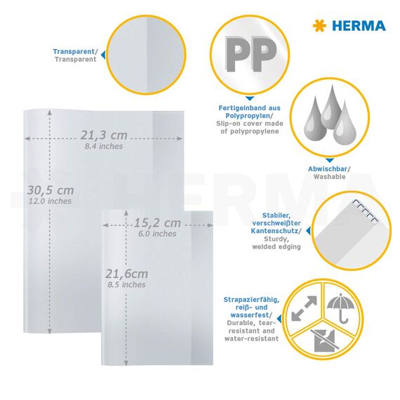 HERMA 19899 Heftumschläge A5 Quer Transparent Klarsicht, 10 Stück, Hefthüllen aus strapazierfähiger & abwischbarer Polypropylen-Folie, durchsichtige Heftschoner Set für Schulhefte, farblos