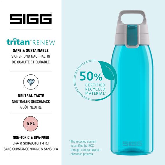 Sigg - Tritan Trinkflasche - Total Color ONE Aqua - Für Kohlensäurehaltige Getränke Geeignet - Spülmaschinenfest - Auslaufsicher - Leicht - BPA-frei - Hellblau - 1L