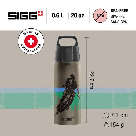 Sigg - Alu Trinkflasche Kinder - WMB ONE Bike - Für Kohlensäurehaltige Getränke Geeignet - Auslaufsicher - Federleicht - BPA-frei - Klimaneutral Zertifiziert - Sport & Schule - Grau - 0,6L