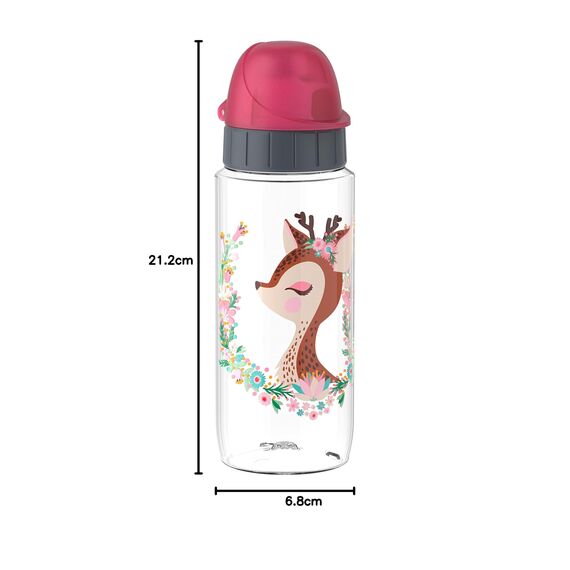 Emsa N30333 Kids Tritan Trinkflasche | Fassungsvermögen: 0,5 Liter | 100% sicher/praktisch/hygienisch/dicht/unbedenklich | cleverer Trinkverschluss | robust | Design: Deer, Transparent mit Deer-design