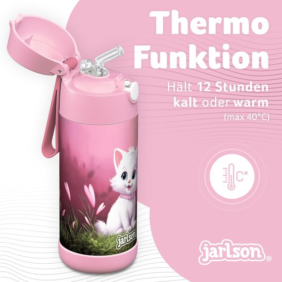 Jarlson® Trinkflasche Kinder Edelstahl Charli [MIT STROHHALM] - Thermosflasche Auslaufsicher - Thermoskanne - Water Bottle Kids - Thermo Trink Flasche für Schule & Kindergarten (350ml, Katze 2.0)