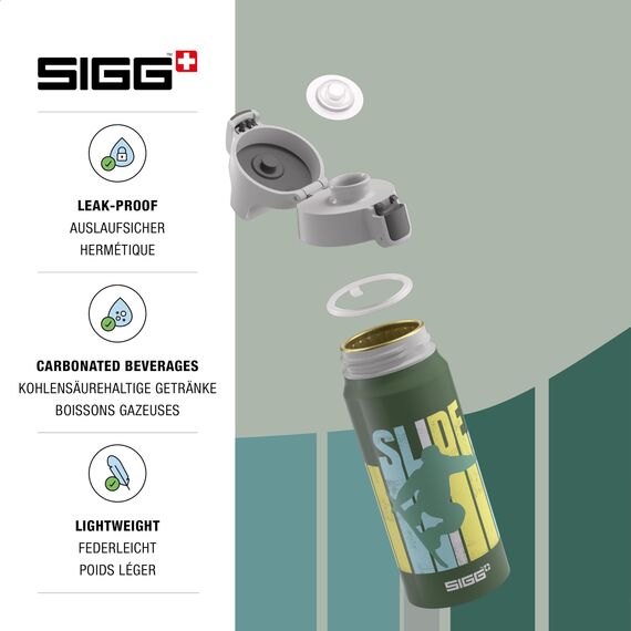 Sigg - Alu Trinkflasche Kinder - WMB ONE Slide - Für Kohlensäurehaltige Getränke Geeignet - Auslaufsicher - Federleicht - BPA-frei - Klimaneutral Zertifiziert - Sport & Schule - Grün - 0,6L