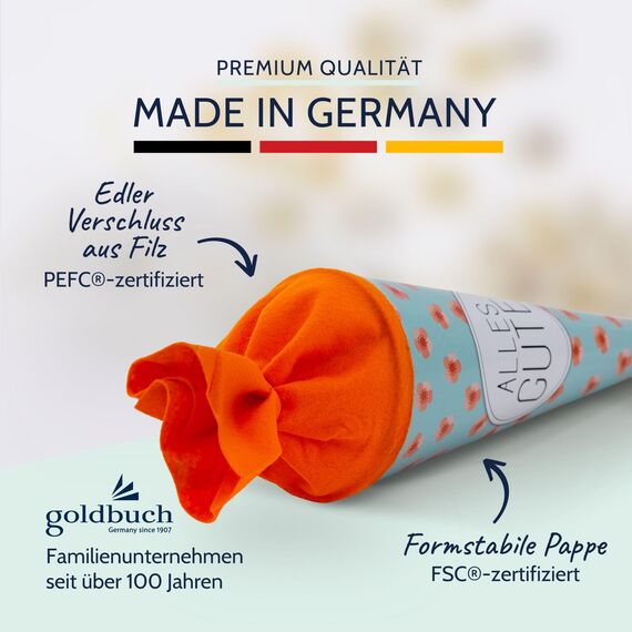 goldbuch 93 211 Geschwistertüte Alles Gute, Schultüte mit Mohnblumenmuster, Lackkarton, Geschenkverpackung, orangener Filzverschluss (ohne Verschlussband), Zuckertüte rund, Länge 35 cm, Ø 11,5 cm