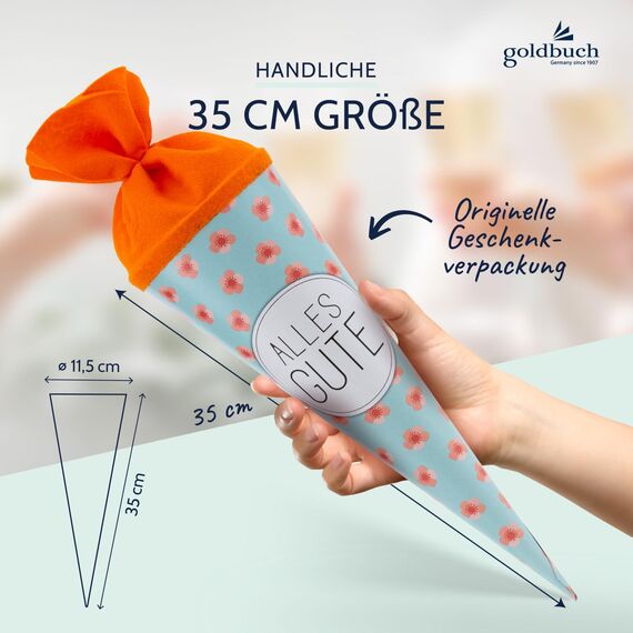 goldbuch 93 211 Geschwistertüte Alles Gute, Schultüte mit Mohnblumenmuster, Lackkarton, Geschenkverpackung, orangener Filzverschluss (ohne Verschlussband), Zuckertüte rund, Länge 35 cm, Ø 11,5 cm