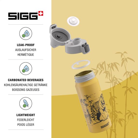 Sigg - Alu Trinkflasche Kinder - WMB ONE Brave Tiger - Für Kohlensäurehaltige Getränke Geeignet - Auslaufsicher - Federleicht - BPA-frei - Klimaneutral Zertifiziert - Sport & Schule - Gelb - 0,6L