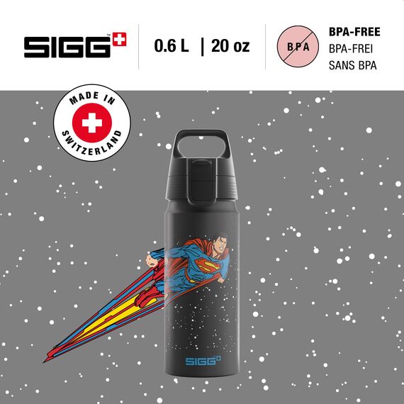 Sigg - Alu Trinkflasche Kinder - WMB ONE Superman - Kohlensäuregeeignet - Auslaufsicher - Federleicht - BPA-frei - Klimaneutral Zertifiziert - Sport & Schule - Schwarz - 0,6L