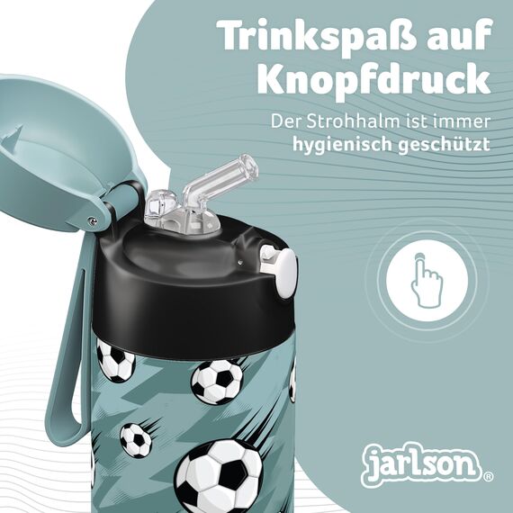 Jarlson® Trinkflasche Kinder Edelstahl Charli [MIT STROHHALM] - Thermosflasche Auslaufsicher - Thermoskanne - Water Bottle Kids - Thermo Trink Flasche für Schule & Kindergarten (350ml, Fußbälle)