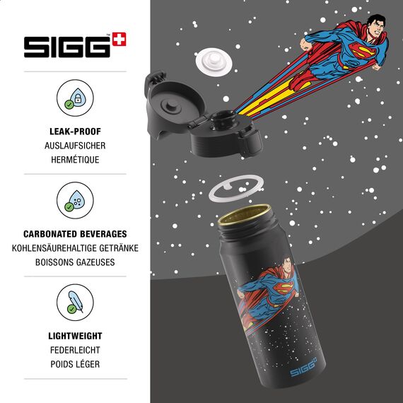 Sigg - Alu Trinkflasche Kinder - WMB ONE Superman - Kohlensäuregeeignet - Auslaufsicher - Federleicht - BPA-frei - Klimaneutral Zertifiziert - Sport & Schule - Schwarz - 0,6L