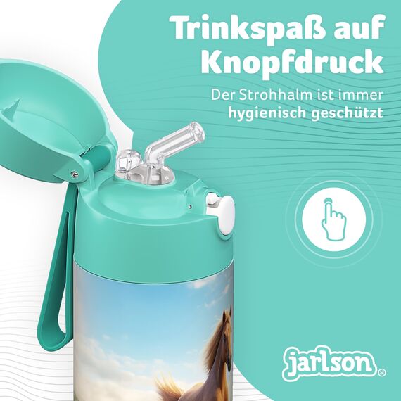 Jarlson® Trinkflasche Kinder Edelstahl Charli [MIT STROHHALM] - Thermosflasche Auslaufsicher - Thermoskanne - Water Bottle Kids - Thermo Trink Flasche für Schule & Kindergarten (350ml, Pferd 2.0)