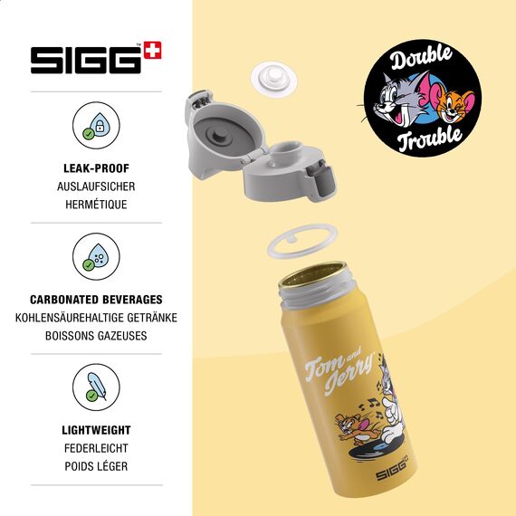 Sigg - Alu Trinkflasche Kinder - WMB ONE Disney Tom & Jerry - Kohlensäuregeeignet - Auslaufsicher - Federleicht - BPA-frei - Klimaneutral Zertifiziert - Sport & Schule - Gelb - 0,6L