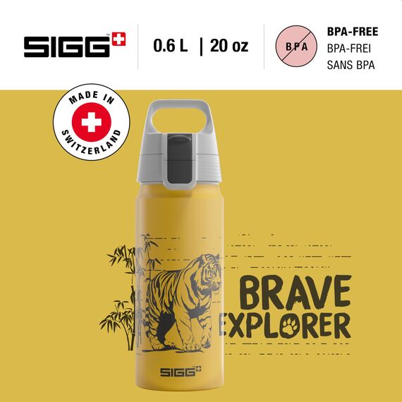 Sigg - Alu Trinkflasche Kinder - WMB ONE Brave Tiger - Für Kohlensäurehaltige Getränke Geeignet - Auslaufsicher - Federleicht - BPA-frei - Klimaneutral Zertifiziert - Sport & Schule - Gelb - 0,6L
