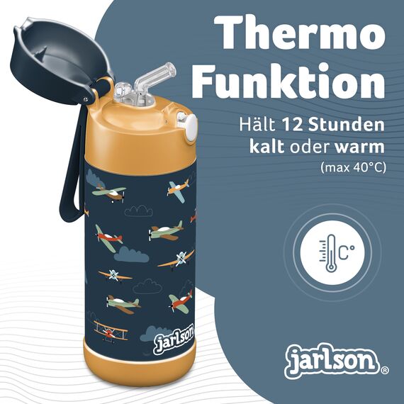 Jarlson® Trinkflasche Kinder Edelstahl Charli [MIT STROHHALM] - Thermosflasche Auslaufsicher - Thermoskanne - Water Bottle Kids - Thermo Trink Flasche für Schule & Kindergarten (350ml, Flugzeuge)