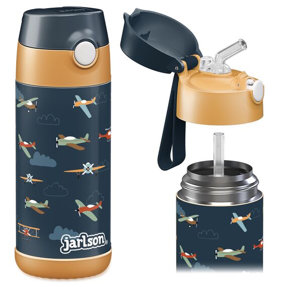 Jarlson® Trinkflasche Kinder Edelstahl Charli [MIT STROHHALM] - Thermosflasche Auslaufsicher - Thermoskanne - Water Bottle Kids - Thermo Trink Flasche für Schule & Kindergarten (350ml, Flugzeuge)