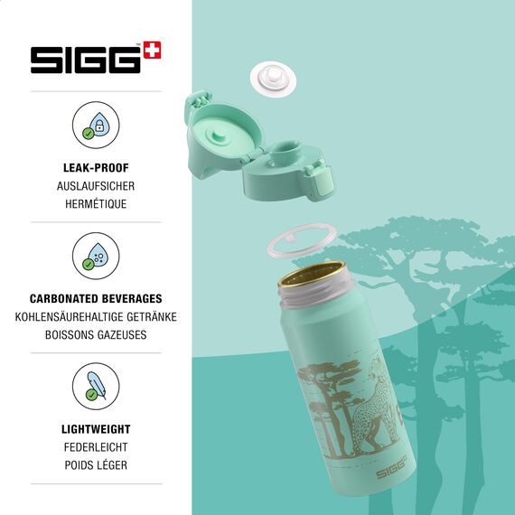 Sigg - Alu Trinkflasche Kinder - WMB ONE Brave Cheetah - Für Kohlensäurehaltige Getränke Geeignet - Auslaufsicher - BPA-frei - Klimaneutral Zertifiziert - Sport & Schule - Hellblau - 0,6L