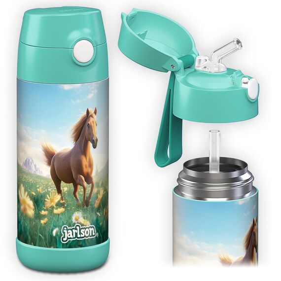 Jarlson® Trinkflasche Kinder Edelstahl Charli [MIT STROHHALM] - Thermosflasche Auslaufsicher - Thermoskanne - Water Bottle Kids - Thermo Trink Flasche für Schule & Kindergarten (350ml, Pferd 2.0)