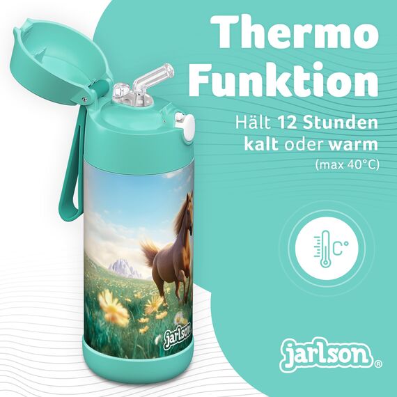 Jarlson® Trinkflasche Kinder Edelstahl Charli [MIT STROHHALM] - Thermosflasche Auslaufsicher - Thermoskanne - Water Bottle Kids - Thermo Trink Flasche für Schule & Kindergarten (350ml, Pferd 2.0)