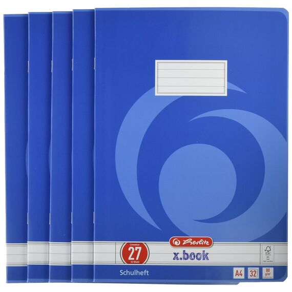 Herlitz Schulheft x.book A4, liniert, Lineatur 27, 32 Blatt, 5 Stück