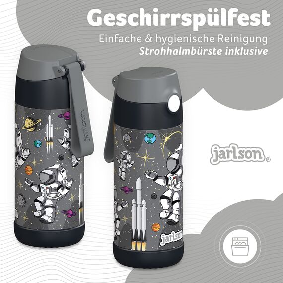 Jarlson® Trinkflasche Kinder Edelstahl Charli [MIT STROHHALM] - Thermosflasche Auslaufsicher - Thermoskanne - Water Bottle Kids - Thermo Trink Flasche für Schule & Kindergarten (350ml, Astronaut)