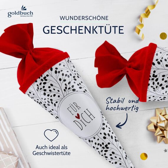 goldbuch 93 213 Geschwistertüte Für Dich, Schultüte mit Wildblumenmuster, Lackkarton, Geschenkverpackung, roter Filzverschluss (ohne Verschlussband), Zuckertüte rund, Länge 35 cm, Ø 11,5 cm, Weiß