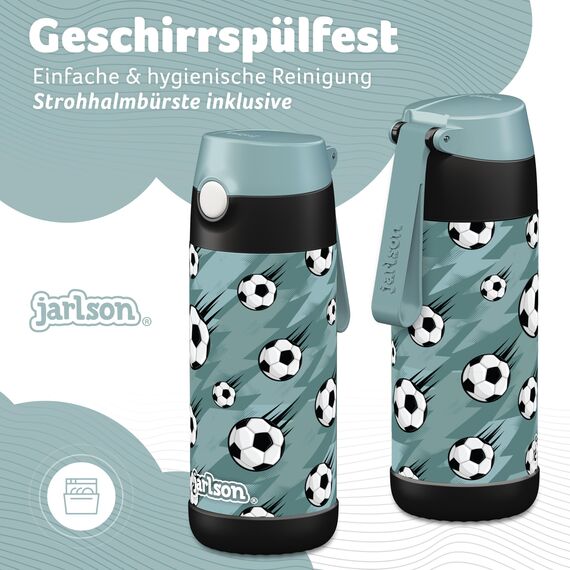 Jarlson® Trinkflasche Kinder Edelstahl Charli [MIT STROHHALM] - Thermosflasche Auslaufsicher - Thermoskanne - Water Bottle Kids - Thermo Trink Flasche für Schule & Kindergarten (350ml, Fußbälle)