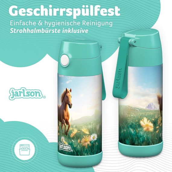 Jarlson® Trinkflasche Kinder Edelstahl Charli [MIT STROHHALM] - Thermosflasche Auslaufsicher - Thermoskanne - Water Bottle Kids - Thermo Trink Flasche für Schule & Kindergarten (350ml, Pferd 2.0)