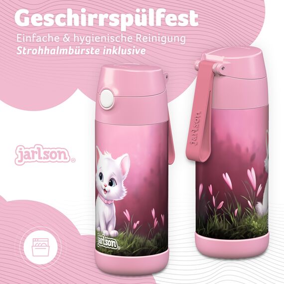 Jarlson® Trinkflasche Kinder Edelstahl Charli [MIT STROHHALM] - Thermosflasche Auslaufsicher - Thermoskanne - Water Bottle Kids - Thermo Trink Flasche für Schule & Kindergarten (350ml, Katze 2.0)