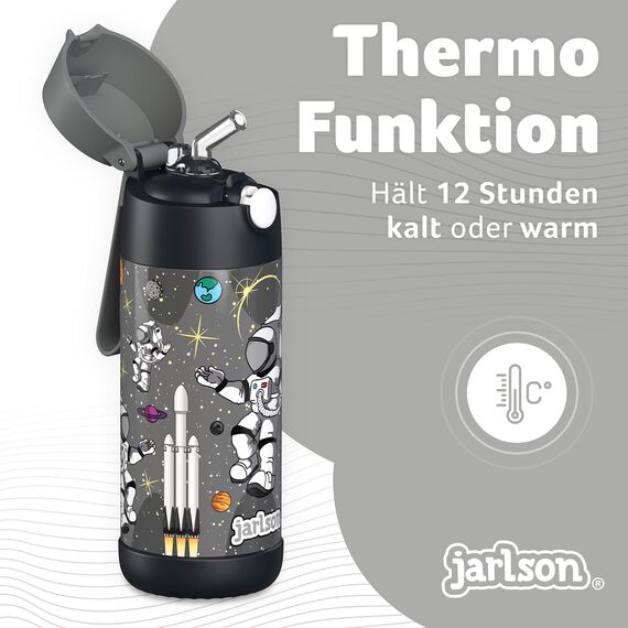 Jarlson® Trinkflasche Kinder Edelstahl Charli [MIT STROHHALM] - Thermosflasche Auslaufsicher - Thermoskanne - Water Bottle Kids - Thermo Trink Flasche für Schule & Kindergarten (350ml, Astronaut)