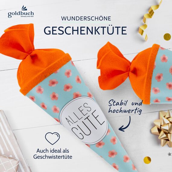 goldbuch 93 211 Geschwistertüte Alles Gute, Schultüte mit Mohnblumenmuster, Lackkarton, Geschenkverpackung, orangener Filzverschluss (ohne Verschlussband), Zuckertüte rund, Länge 35 cm, Ø 11,5 cm