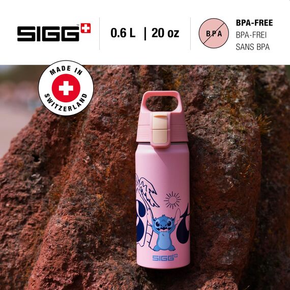 Sigg - Alu Trinkflasche Kinder - WMB ONE Stitch Disney - Kohlensäuregeeignet - Auslaufsicher - Federleicht - BPA-frei - Klimaneutral Zertifiziert - Sport & Schule - Pink- 0,6L
