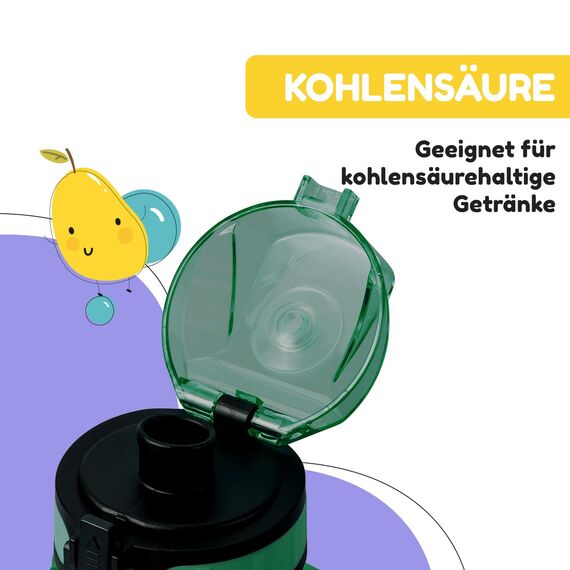 schmatzfatz Trinkflasche Kinder Auslaufsicher - 350ml, Grün - Trinkflasche Kohlensäure geeignet, Wasserflasche BPA frei mit 1-Klick Verschluss