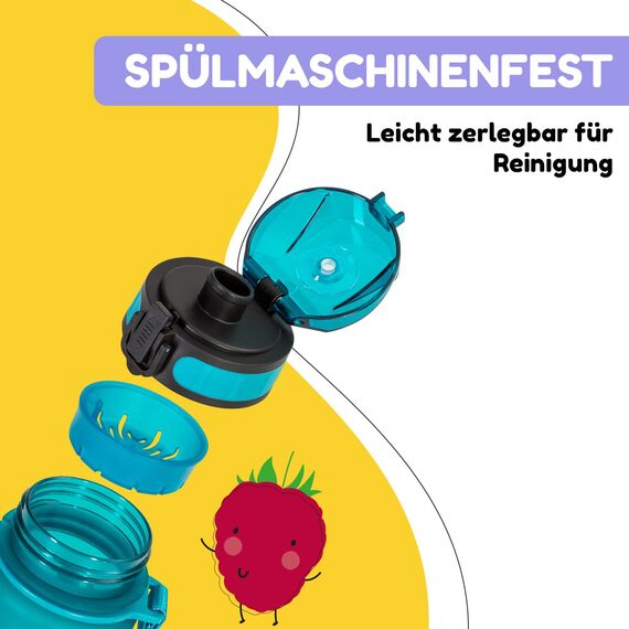 schmatzfatz Kinder Trinkflasche 400ml, Sport für Schule Kindergarten, 1-Klick Verschluss, Geschmacksneutrale Wasserflasche, Auslaufsicher mit Fruchteinsatz, BPA-Frei