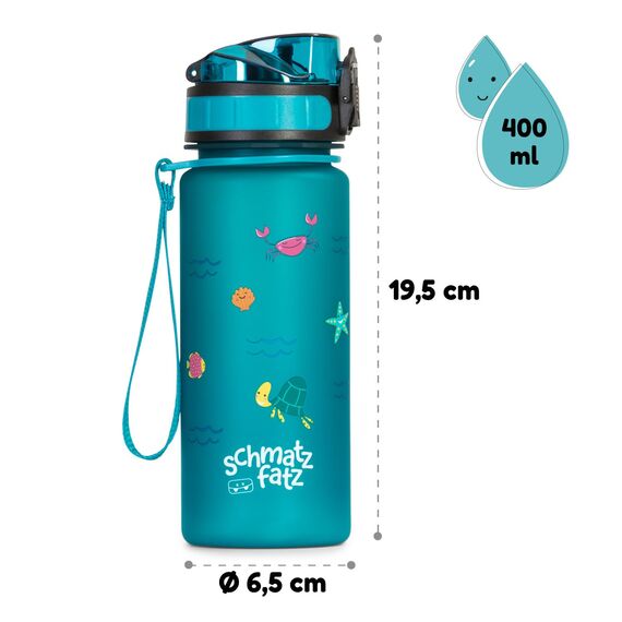 schmatzfatz Kinder Trinkflasche 400ml, Sport für Schule Kindergarten, 1-Klick Verschluss, Geschmacksneutrale Wasserflasche, Auslaufsicher mit Fruchteinsatz, BPA-Frei
