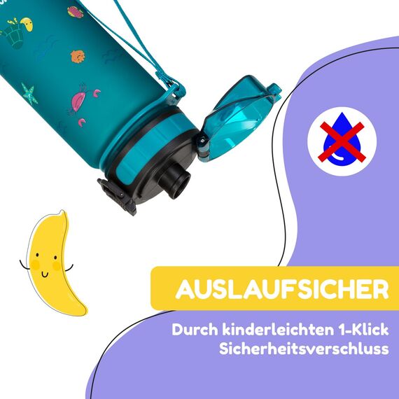 schmatzfatz Kinder Trinkflasche 400ml, Sport für Schule Kindergarten, 1-Klick Verschluss, Geschmacksneutrale Wasserflasche, Auslaufsicher mit Fruchteinsatz, BPA-Frei