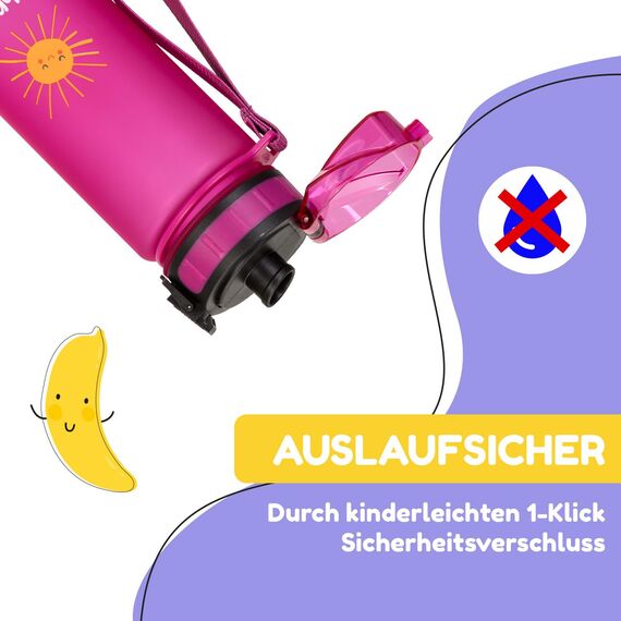 schmatzfatz Kinder Trinkflasche 400ml, Sport für Schule Kindergarten, 1-Klick Verschluss, Geschmacksneutrale Wasserflasche, Auslaufsicher mit Fruchteinsatz, BPA-Frei