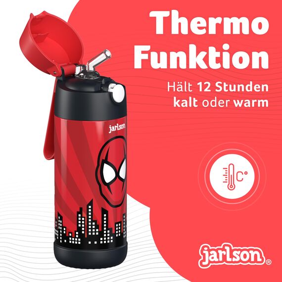 Jarlson® Trinkflasche Kinder Edelstahl Charli [MIT STROHHALM] - Thermosflasche Auslaufsicher - Thermoskanne - Water Bottle Kids - Thermo Trink Flasche für Schule & Kindergarten (350ml, Superheld rot)