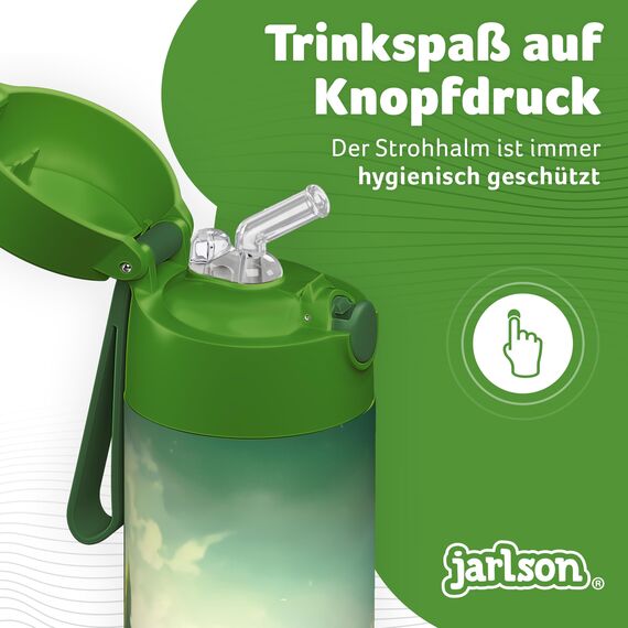 Jarlson® Trinkflasche Kinder Edelstahl Charli [MIT STROHHALM] - Thermosflasche Auslaufsicher - Thermoskanne - Water Bottle Kids - Thermo Trink Flasche für Schule & Kindergarten (500ml, Dinosaurier)