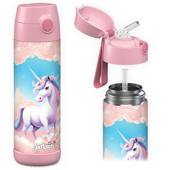 Jarlson® Trinkflasche Kinder Edelstahl Charli [MIT STROHHALM] - Thermosflasche Auslaufsicher - Thermoskanne - Water Bottle Kids - Thermo Trink Flasche für Schule & Kindergarten (500ml, Einhorn)