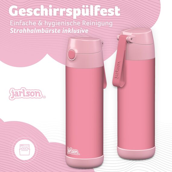 Jarlson® Trinkflasche Kinder Edelstahl Charli [MIT STROHHALM] - Thermosflasche Auslaufsicher - Thermoskanne - Water Bottle Kids - Thermo Trink Flasche für Schule & Kindergarten (500ml, Pink)
