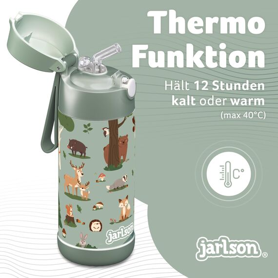 Jarlson® Trinkflasche Kinder Edelstahl Charli [MIT STROHHALM] - Thermosflasche Auslaufsicher - Thermoskanne - Water Bottle Kids - Thermo Trink Flasche für Schule & Kindergarten (350ml, Waldtiere)