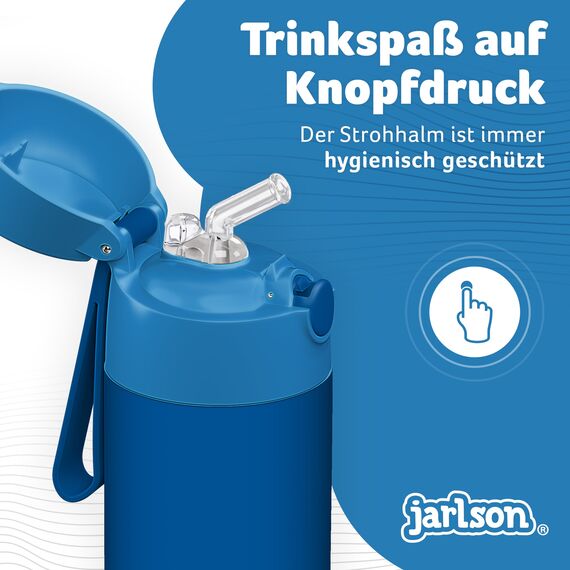 Jarlson® Trinkflasche Kinder Edelstahl Charli [MIT STROHHALM] - Thermosflasche Auslaufsicher - Thermoskanne - Water Bottle Kids - Thermo Trink Flasche für Schule & Kindergarten (500ml, Blau)