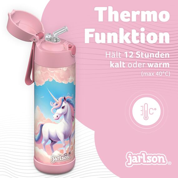 Jarlson® Trinkflasche Kinder Edelstahl Charli [MIT STROHHALM] - Thermosflasche Auslaufsicher - Thermoskanne - Water Bottle Kids - Thermo Trink Flasche für Schule & Kindergarten (500ml, Einhorn)