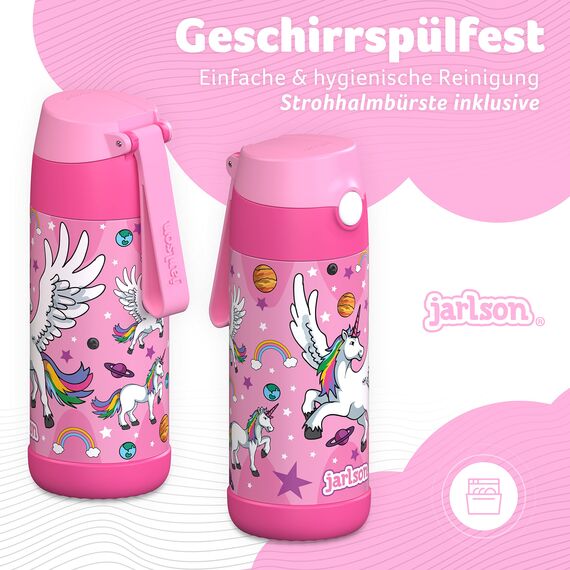 Jarlson® Trinkflasche Kinder Edelstahl Charli [MIT STROHHALM] - Thermosflasche Auslaufsicher - Thermoskanne - Water Bottle Kids - Thermo Trink Flasche für Schule & Kindergarten (350ml, Einhorn 2)