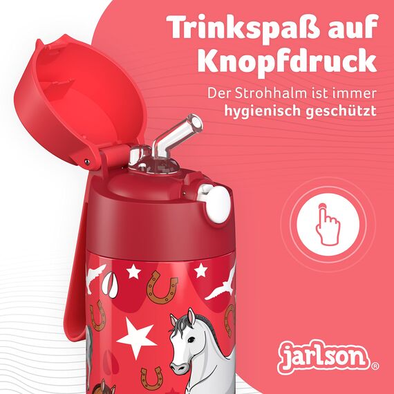 Jarlson® Trinkflasche Kinder Edelstahl Charli [MIT STROHHALM] - Thermosflasche Auslaufsicher - Thermoskanne - Water Bottle Kids - Thermo Trink Flasche für Schule & Kindergarten (350ml, Pferd)