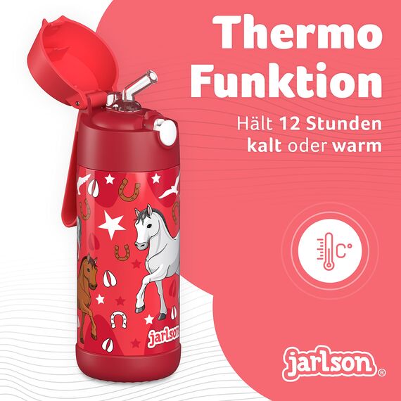 Jarlson® Trinkflasche Kinder Edelstahl Charli [MIT STROHHALM] - Thermosflasche Auslaufsicher - Thermoskanne - Water Bottle Kids - Thermo Trink Flasche für Schule & Kindergarten (350ml, Pferd)
