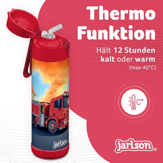 Jarlson® Trinkflasche Kinder Edelstahl Charli [MIT STROHHALM] - Thermosflasche Auslaufsicher - Thermoskanne - Water Bottle Kids - Thermo Trink Flasche für Schule & Kindergarten (500ml, Feuerwehr)