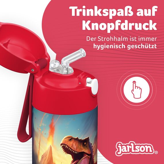 Jarlson® Trinkflasche Kinder Edelstahl Charli [MIT STROHHALM] Thermosflasche Auslaufsicher - Thermoskanne - Water Bottle Kids - Thermo Trink Flasche für Schule & Kindergarten (350ml, Dinosaurier 2.0)