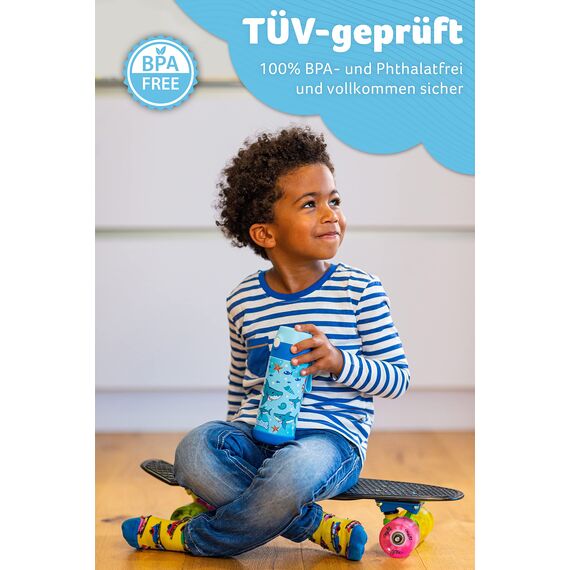 Jarlson® Trinkflasche Kinder Edelstahl Charli [MIT STROHHALM] - Thermosflasche Auslaufsicher - Thermoskanne - Water Bottle Kids - Thermo Trink Flasche für Schule & Kindergarten (350ml, Haie)