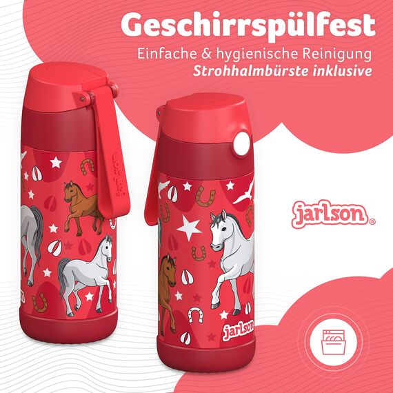 Jarlson® Trinkflasche Kinder Edelstahl Charli [MIT STROHHALM] - Thermosflasche Auslaufsicher - Thermoskanne - Water Bottle Kids - Thermo Trink Flasche für Schule & Kindergarten (350ml, Pferd)